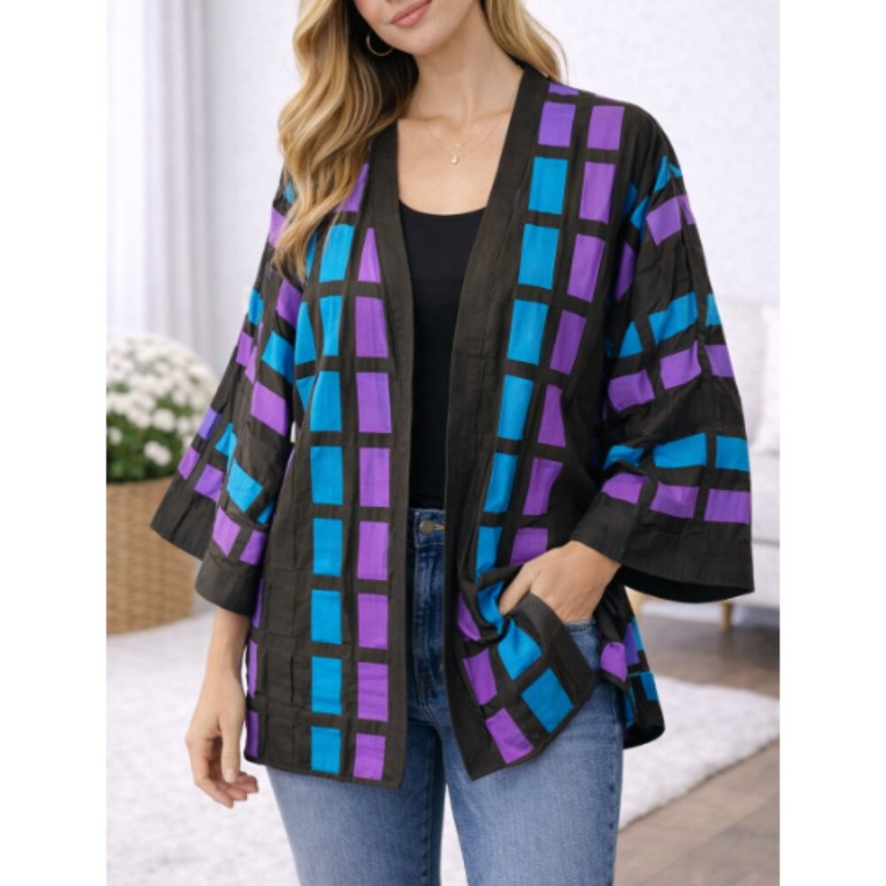 Yak Magic Women's Black Purple Geometric Pattern Vintage Open Jacket One Size